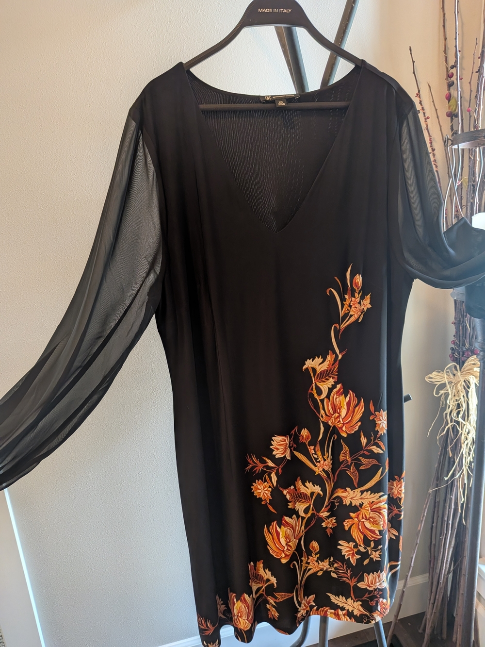 INC International Concepts Black Dress with Orange Floral Embroidery